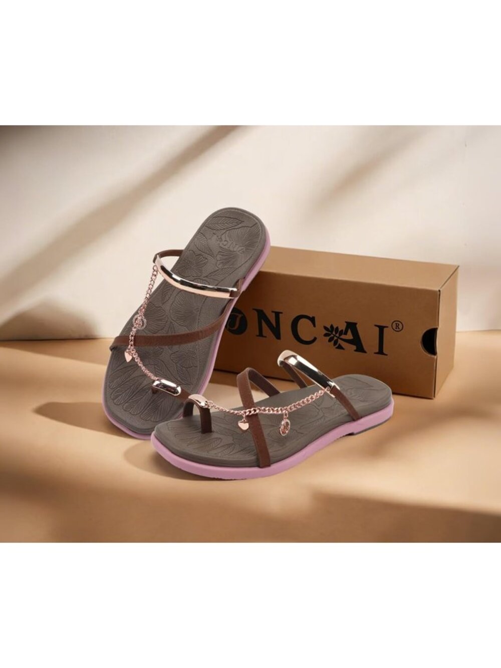Women's Brown Pink Flat Slides Sandals Toe loop Strappy Square Open Toe Fashion - Picture 6 of 6
